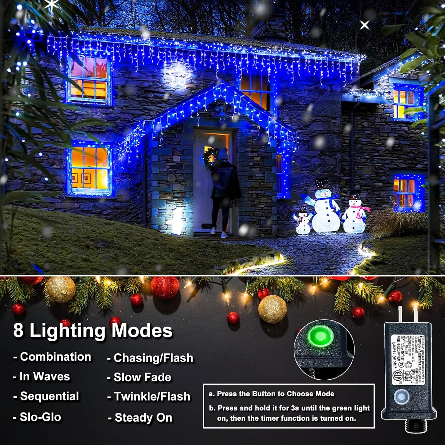 Icicle Lights for Outside, 33FT 400 LED Christmas Lights Outdoor with 8 Modes Waterproof, Plug in String Twinkle Light for Indoor Home Room Window Party Patio Yard Wedding Decorations, Blue