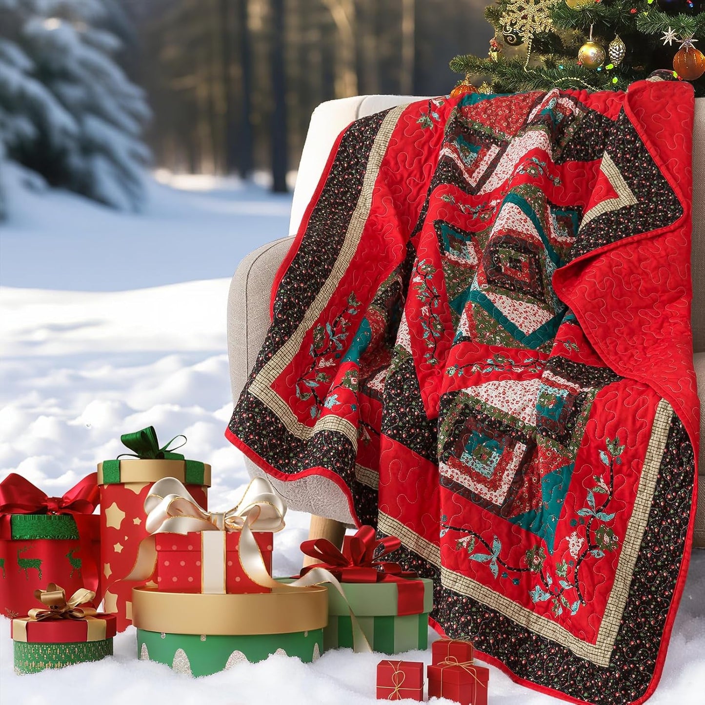 VAPUTAR Cotton King Quilt - Christmas King Size Quilt Bedding Set - Lightweight Farmhouse Bedspread with 2 Pillow Shams, 98x106 Inch All-Season Coverlet