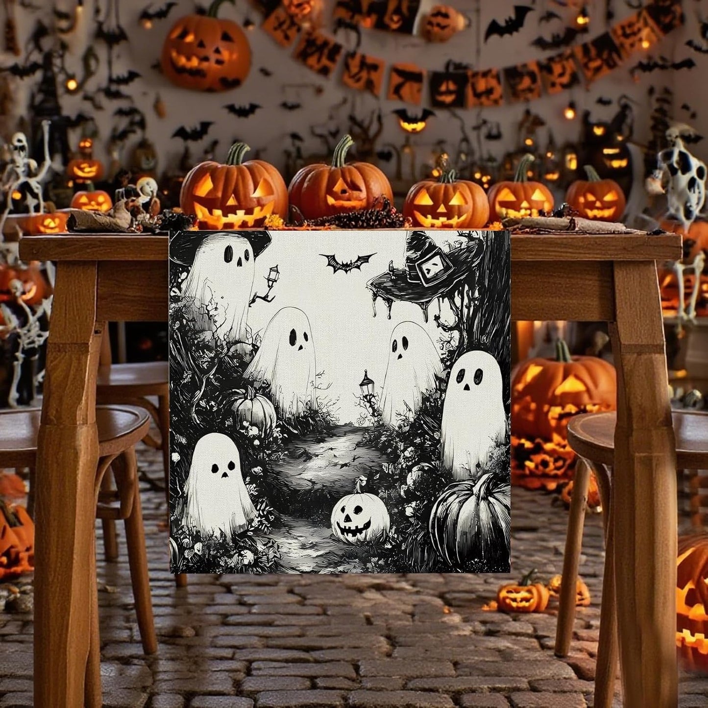 GPGHE Halloween Table Runner Black Ghost Holiday Burlap Table Decoration Indoor Outdoor Home Decor Party Supply 13 x 90 Inch