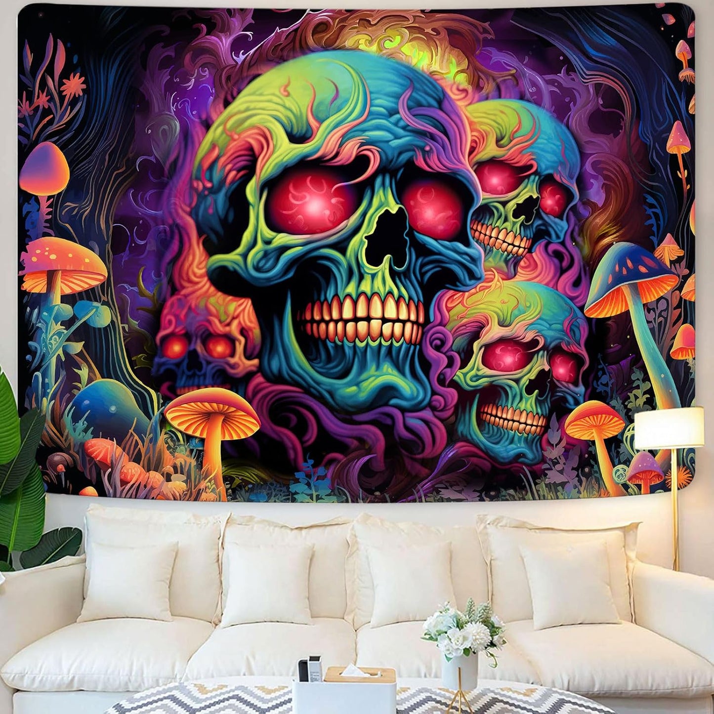 Xiaoput Skull Blacklight Wall Art, UV Reactive Skeleton Tapestry for Bedroom, Living Room, Dorm Decor 90x70IN