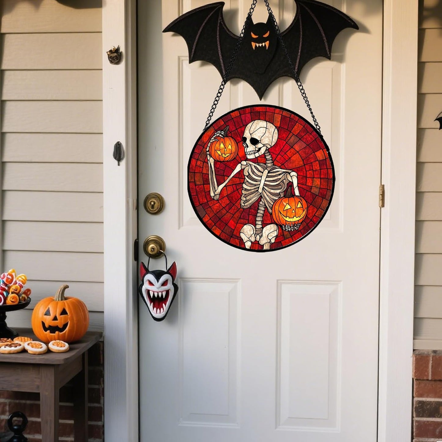 Stained Glass Window Hanging - Halloween Decorations Skeleton Pumpkin Suncatcher for Doors Garden Indoor Spooky Funny Sun Catchers Gothic Decor Horror Gifts for Women Men Friend 9.8 in