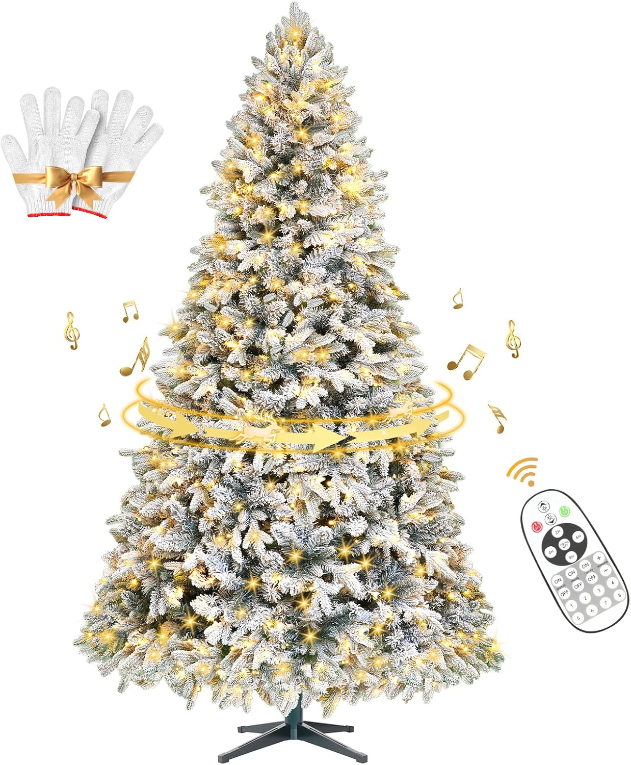 6.5ft Pre-Lit Snow Flocked Rotating Christmas Tree with 340 Multi-Color LED Lights, 1036 PE & PVC Tips - Realistic Artificial Tree for Holiday Decor