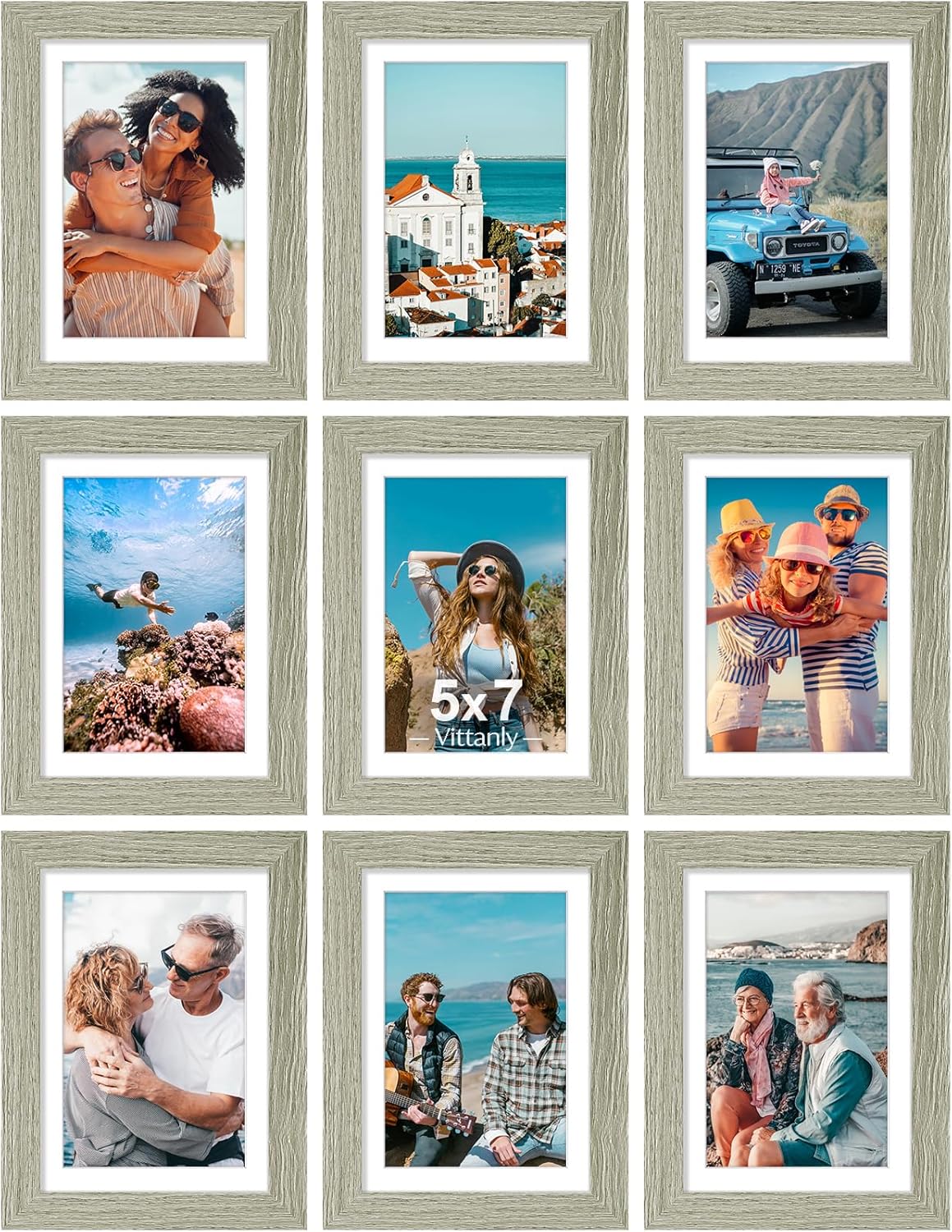 Vittanly 5x7 Picture Frames Set of 9, Shatter Resistant Plexiglass, Display 4x6 Pictures with Mat or 5x7 without Mat, Photo Frames for Wall or Tabletop, Engineered Wood, Driftwood