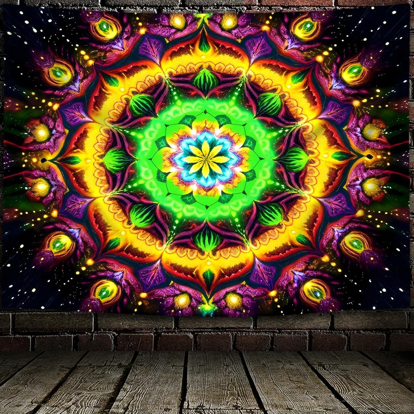 Blacklight Mandala Tapestry for Bedroom, Psychedelic Flower Black Light Posters for Adults and Teens, UV Reactive Aesthetic Bohemian Art Wall Hanging Decor Golden and Green (60 x 50 Inches)