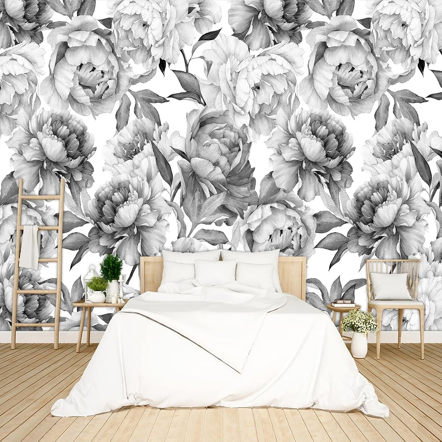 Grey Peony Floral Wallpaper Peel and Stick Wall Mural for Bedroom Living Room - 96"x137"