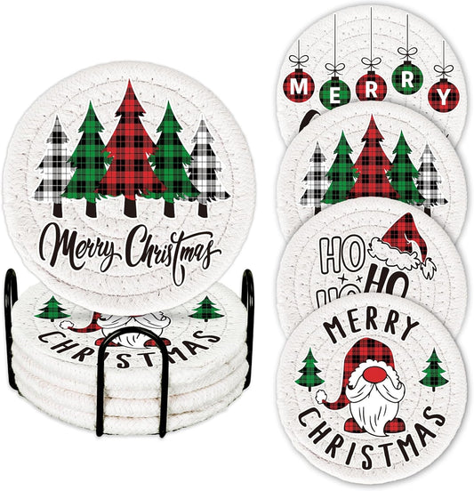 Whaline 4Pcs Merry Christmas Cup Coasters Handmade Braided Cotton Drink Coasters Xmas Buffalo Plaid Anti Slip Absorbent Tabletop Protection for Home Office Party Tableware, 4.3 × 4.3 inch