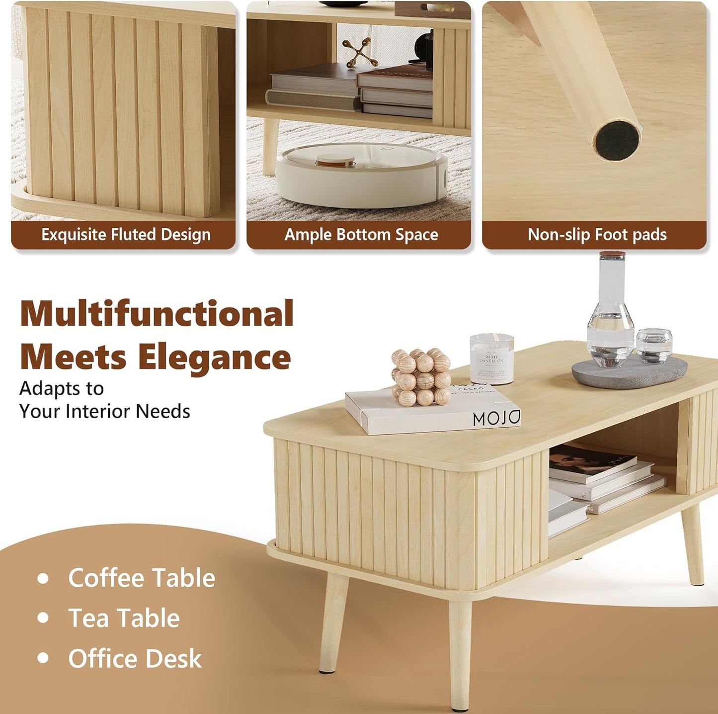 LAZZO Coffee Table with Storage Center Table for Living Room Rectangle Coffee Table with Rounded Edges,Easy Assembly, Natural Wood