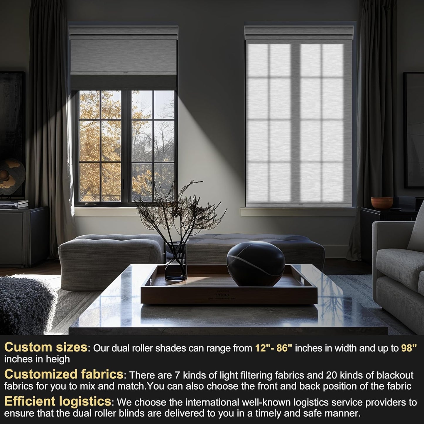 BERISSA Cordless Dual Roller Shades with Cassette Valance,Double Window Shades Blackout and Light Filtering Shades,Day and Night Roller Shades for Home Office Door.Grey and White.78 W x 80" H