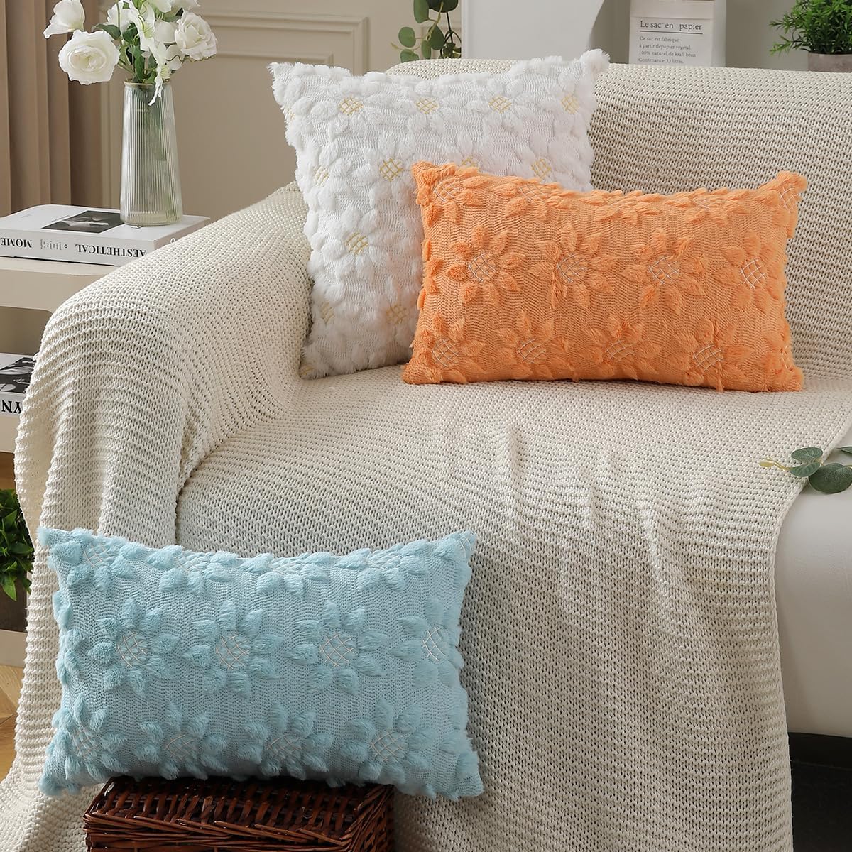 DFXSZ Spring Summer Pillow Covers 12x20 inch Set of 2 Farmhouse Decor White Flower Heart Sunflower Orange Soft Plush Faux Fur Jacquard Throw Pillows for Sofa Holiday Spring Home Decor PTK024H12