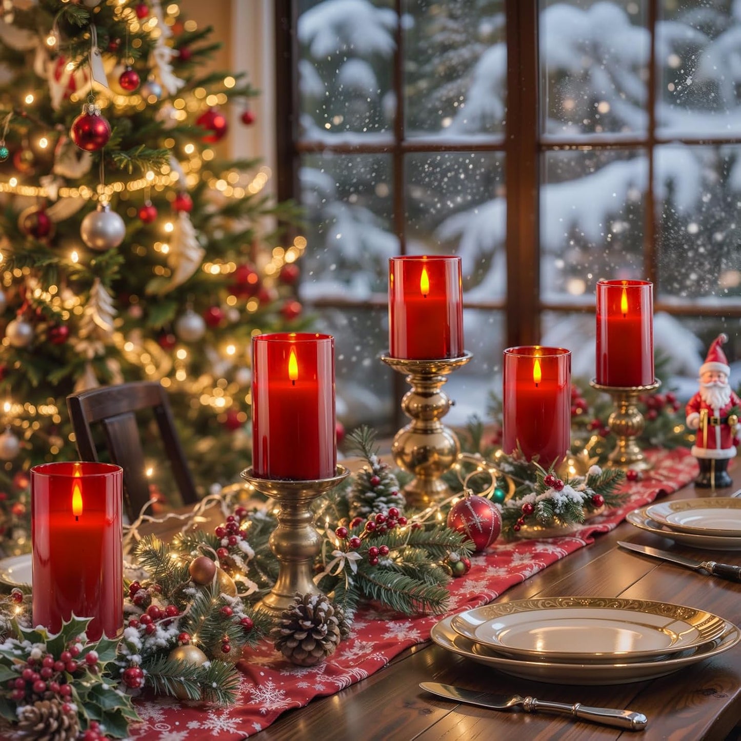 Homemory Red Glass Flameless Candles, Battery Operated LED Pillar Candles with Remote Control and Timer, Radiance Candles, Real Wax, Set of 3,D3 xH4 5" 6"