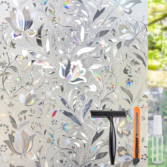 HIDBEA Window Privacy Film, 3D Stained Glass Static Cling - Sun Blocking Anti-UV Heat Control, Reusable Decorative Film for Home/Office Doors, Rainbow Tulip Design (29.5 in x 78.7 in)