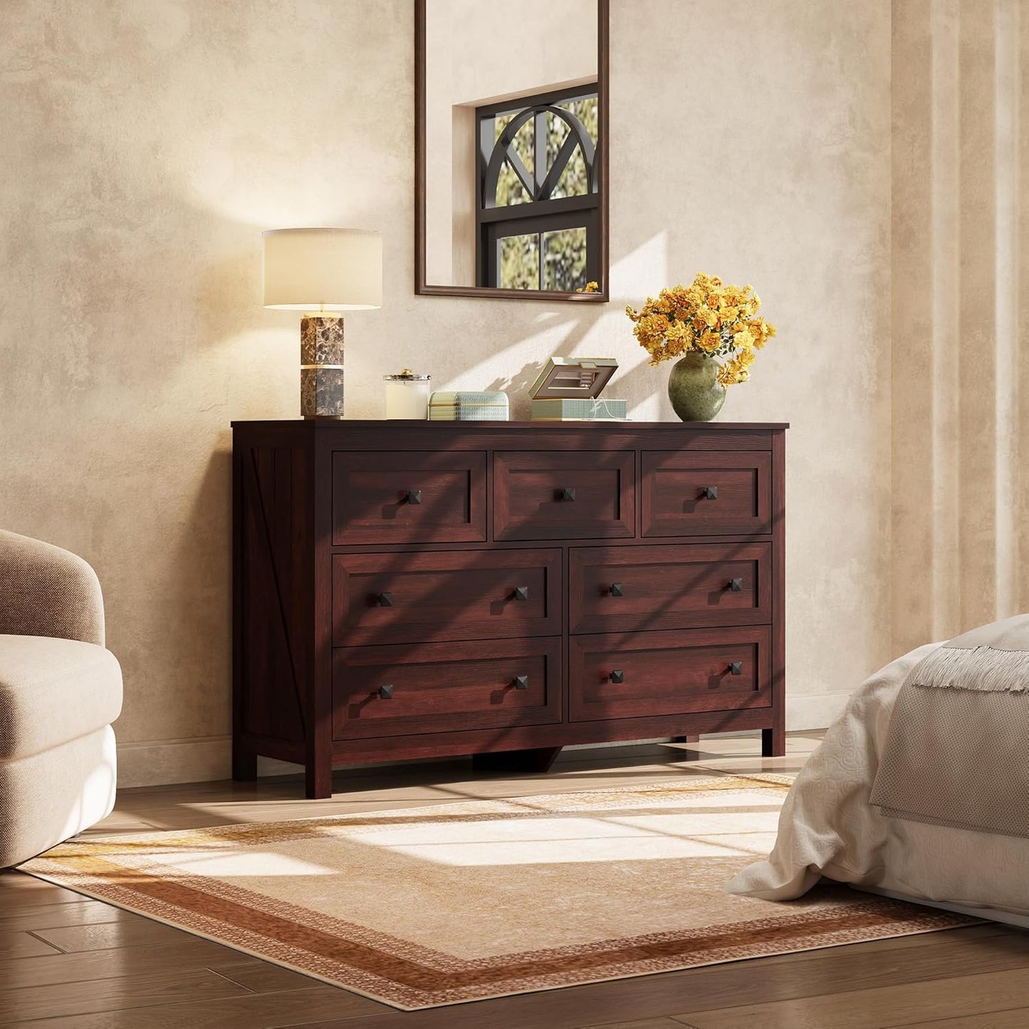 WLIVE Farmhouse Dresser for Bedroom, 51.18'' Wide 7 Drawer Wood Dresser, TV Stand for 65 inch TV, Wooden Chest of Drawers for Bedroom, Modern Clothes Organizer for Living Room, Hallway, Rustic Brown