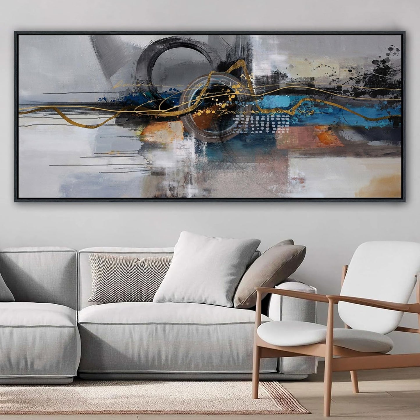 XLSJERST Large Abstract Frame Wall Art - Black and Blue Cnavas Framed Artwork for Walls Modern Minimalist Boho Gray Pictures Wall Decor for Living Room Bedroom Office Home Decoration 86x39 Inches