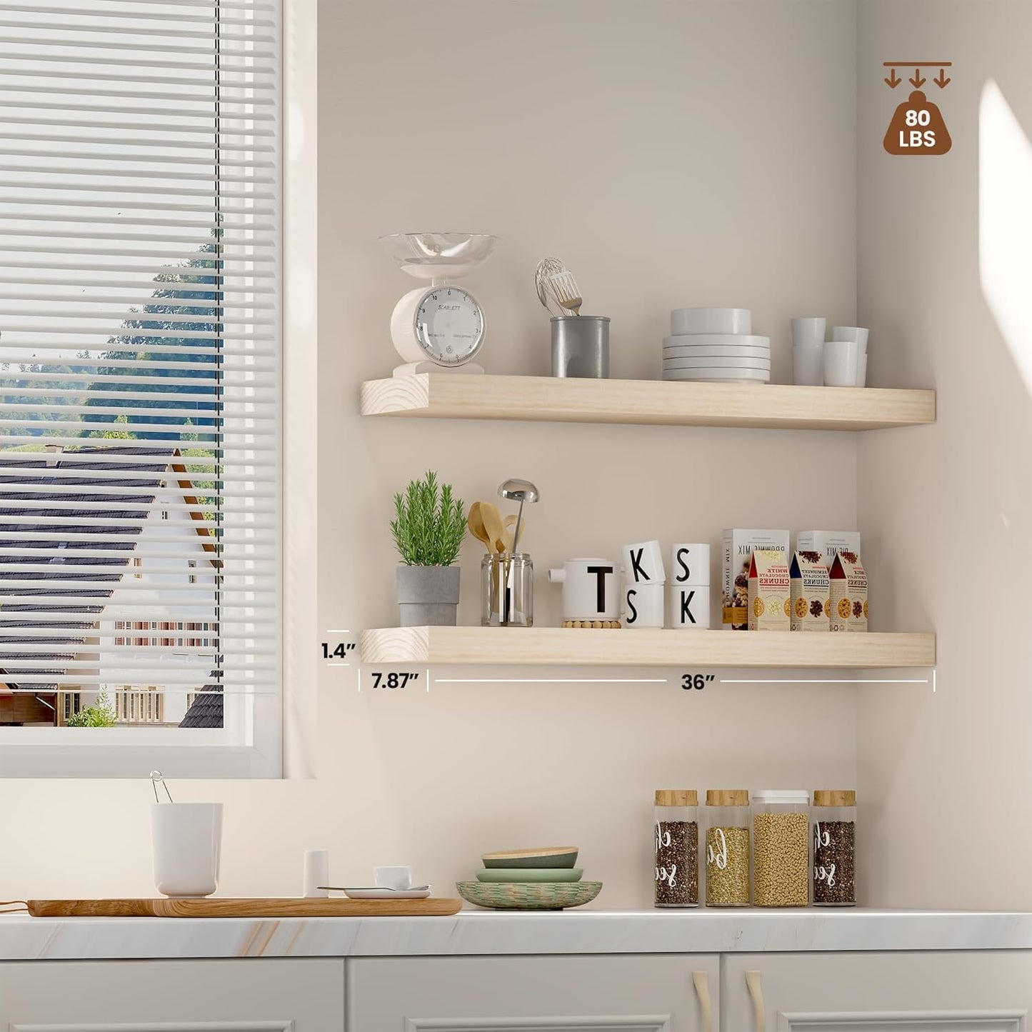 Light Wood Floating Shelves 36”x 8”x 1.4” Book Shelf Floating for Wall Mounted, Heavy Duty Shelf Hold 80 lbs, Unfinished Rustic Wall Shelves for Bedroom, Living Room, Kitchen, Office, Laundry Room