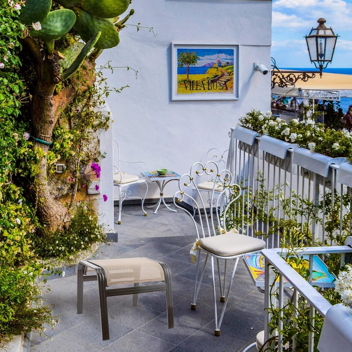 Outdoor Patio Ottoman Seat Textilene Portable Metal Footstool Portable Footrest Patio Chairs 2 Set Beige