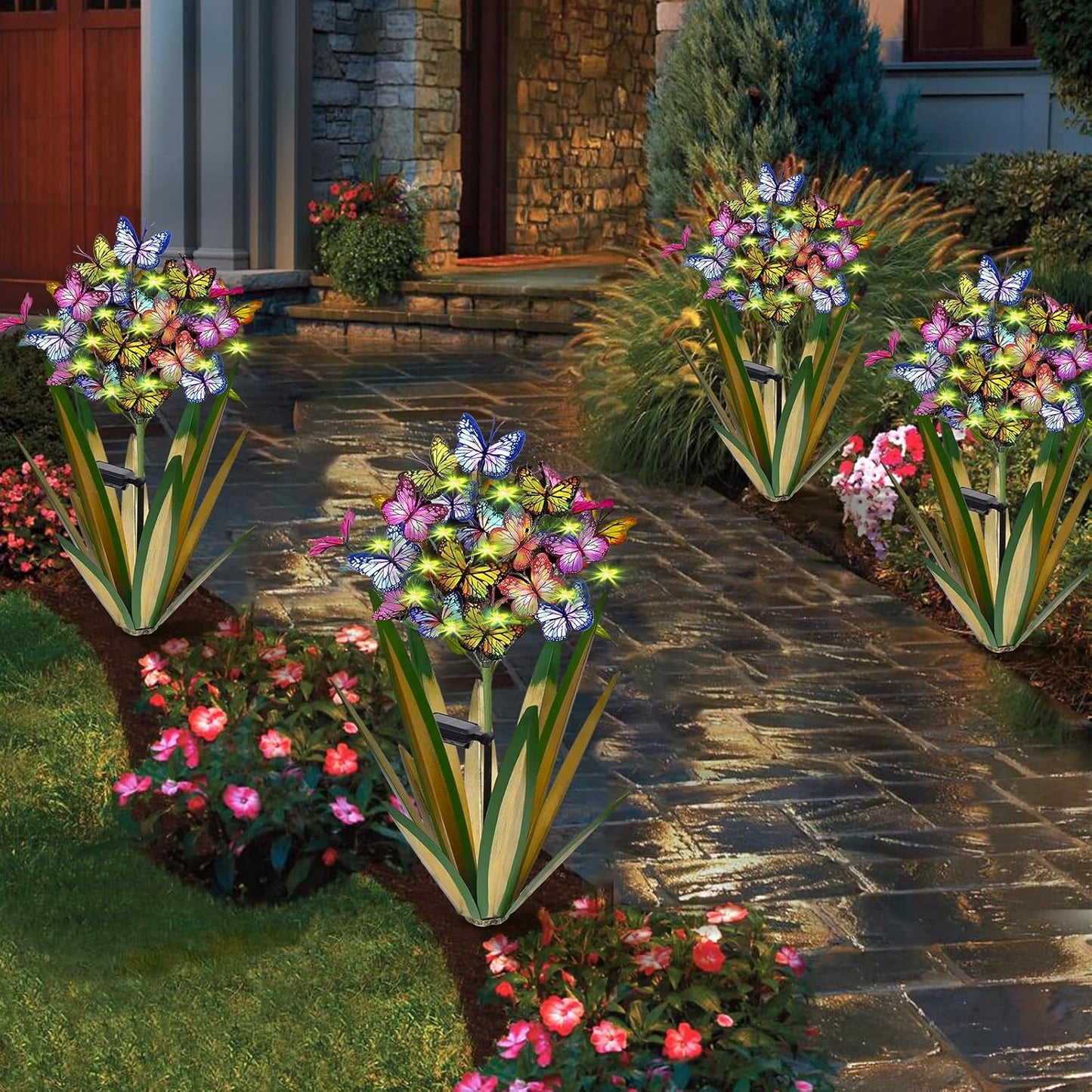 Solar Metal Agave Butterfly Flower Stick Garden Sculpture - Outdoor Christmas Lights With Swaying Butterfly - Solar Powered Gift (2 PCS Light Green)