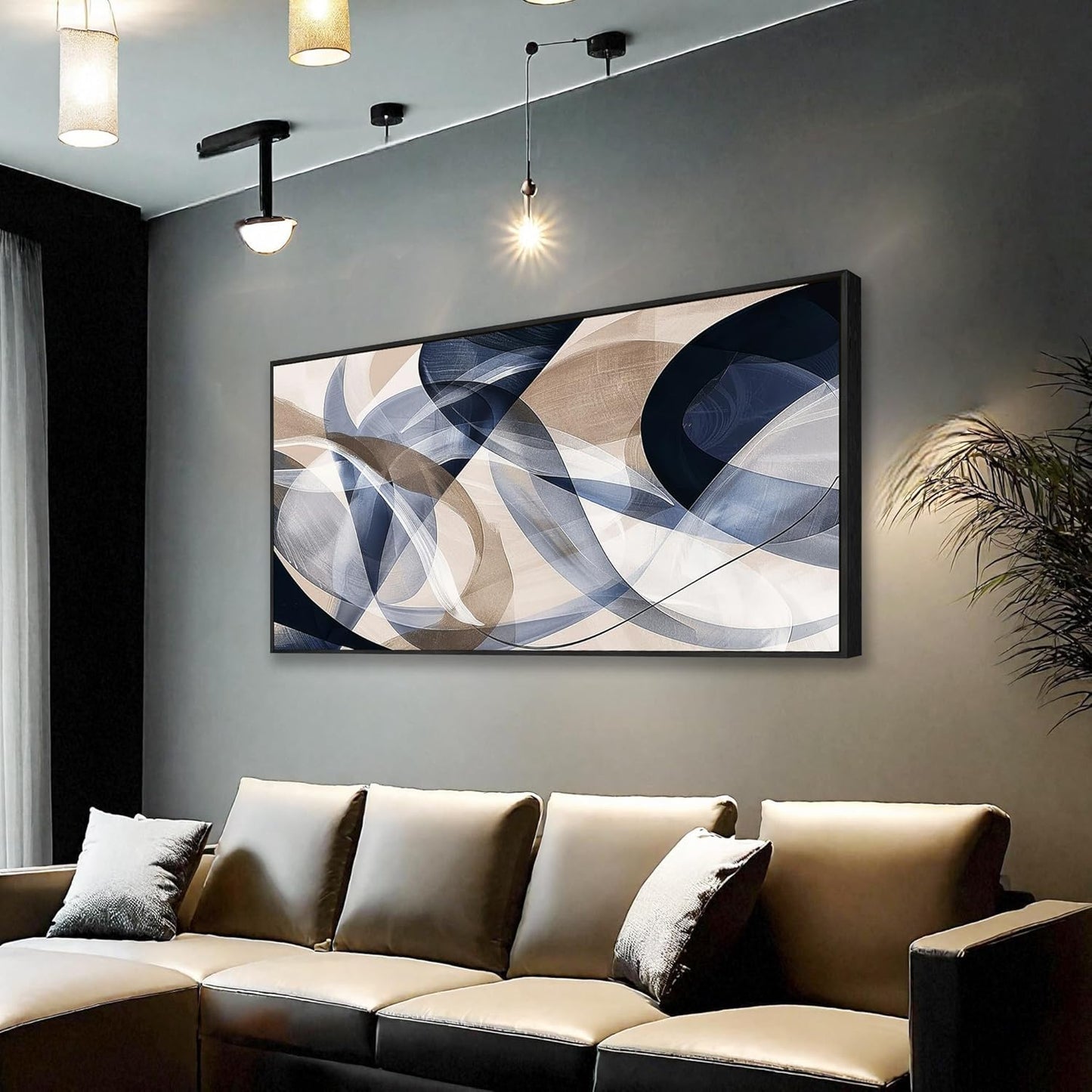 Modern Geometric Abstract Canvas Wall Art Navy Blue and Beige Tones Canvas Painting Framed Home Artwork Living Room Decor for Bedroom Office Wall Decor 30 x 58 inches