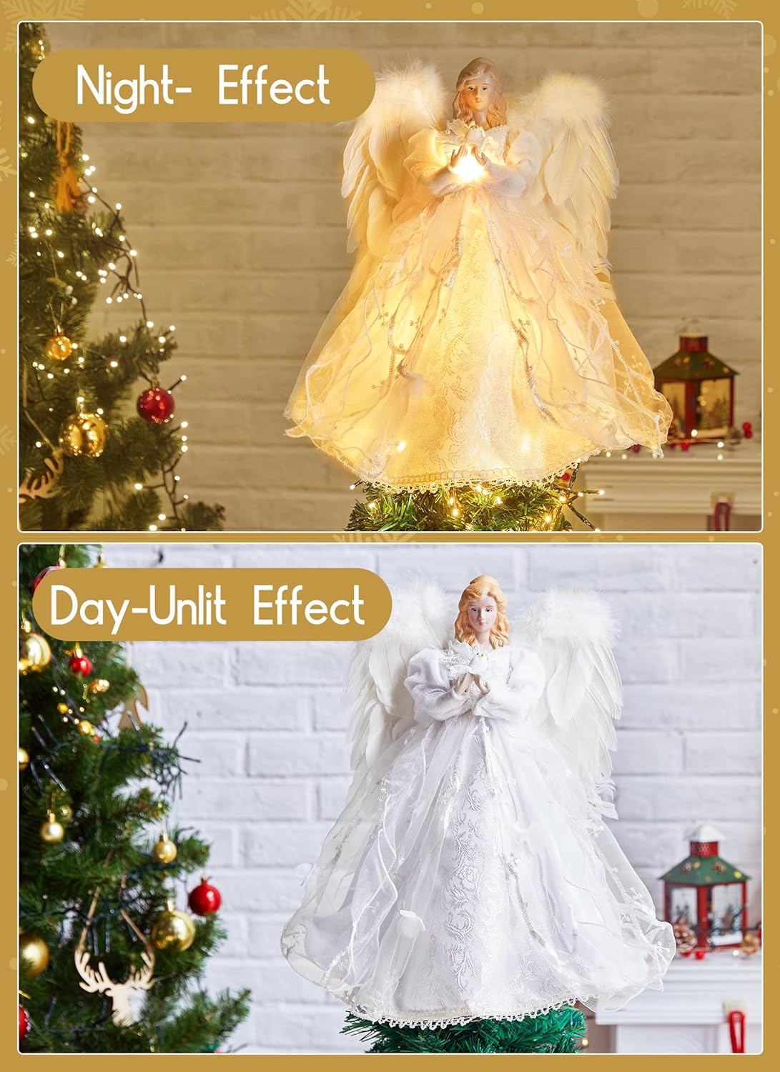Christmas Tree Topper Angel with Lights, Xmas Tree Toppers Decorations Ornament with White Feather Wings, Plug in Christmas Tree Angel Treetop for Indoor Office Holiday