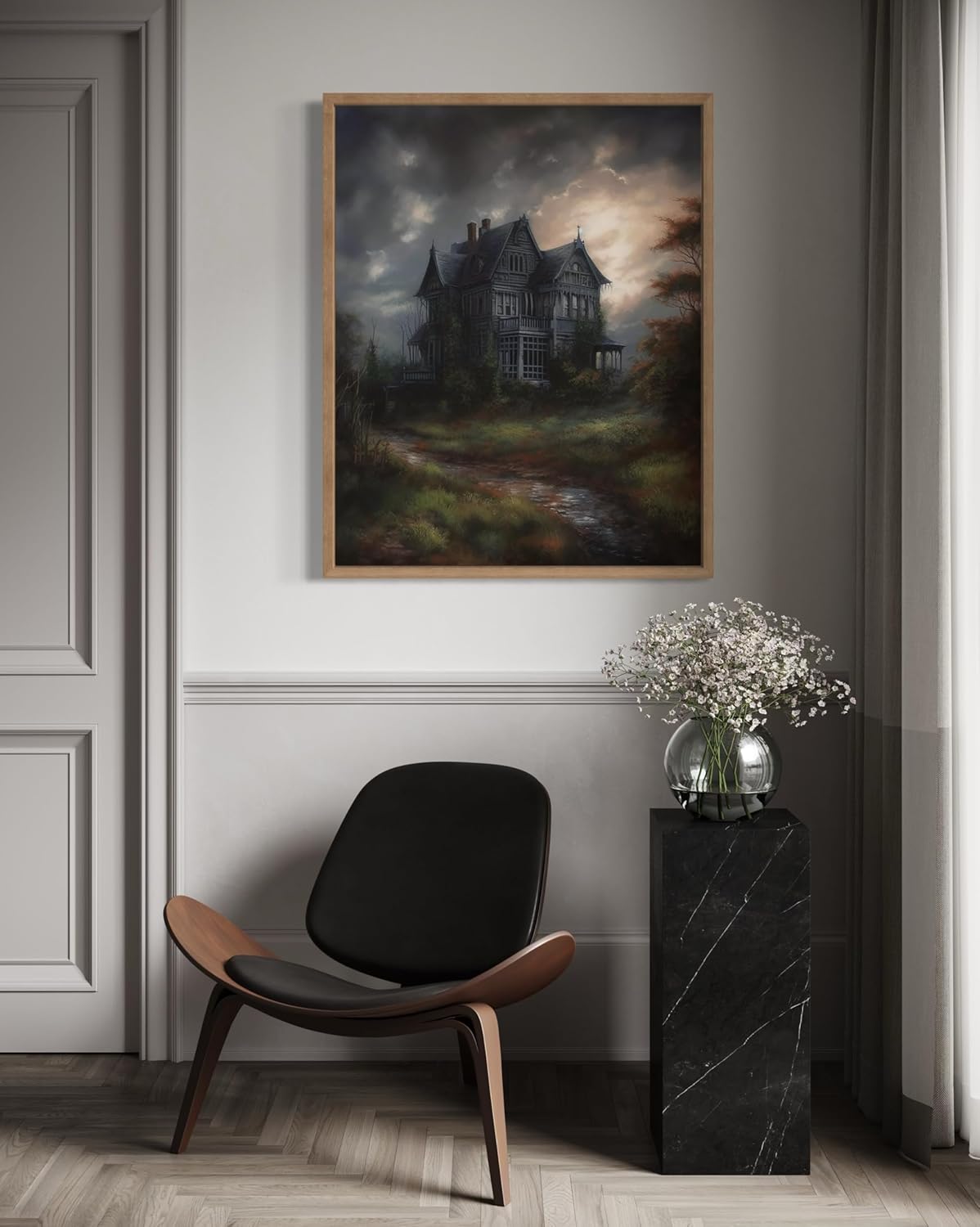Haunted House Poster Art Print, Halloween Scary Vintage Wall Art Academia Spooky Painting Decoration for Horror Prints, Gothic Posters Bedroom Decor 89 (Haunted House, 11 x 14 inches, Wood Frame)