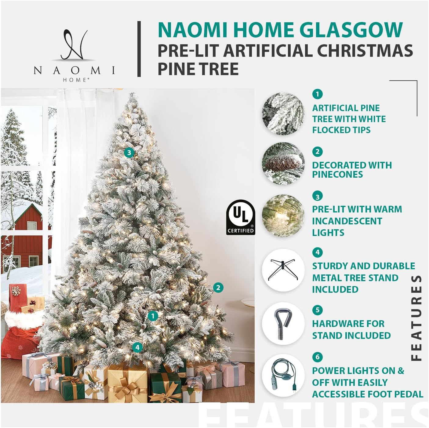 Naomi Home 6.5ft Snow Flocked Christmas Tree with Lights,Realistic Frosted Pine Prelit with Pine Cones, Foot Pedal 1040 Branch Tips, 650 Warm Lights & Metal Stand, Pre Lit Xmas Tree