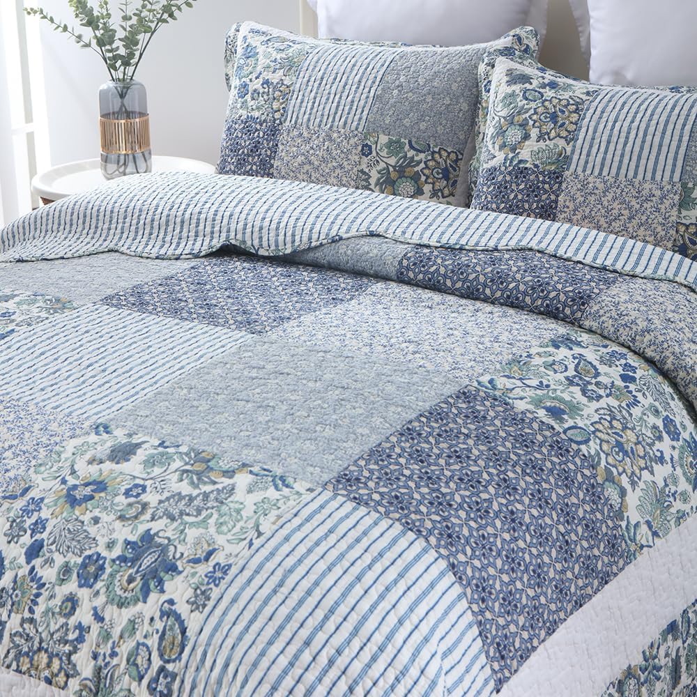 Cotton Bedspread Quilt Bedding Sets 3 Pieces Reversible Coverlet Sets Comforters Vintage Floral Patchwork Blue Bedspread (Blue Vintage Floral, Queen Size)