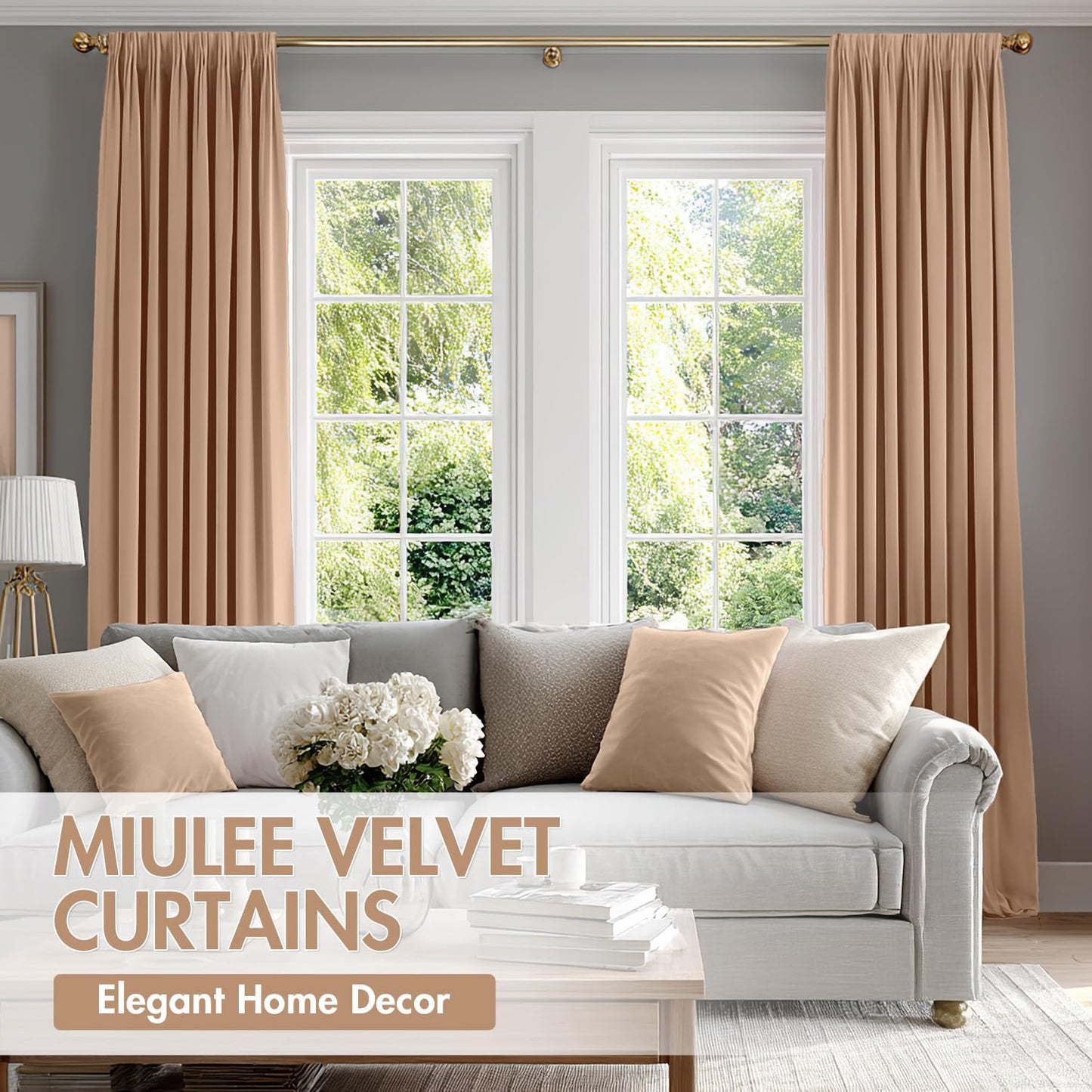 MIULEE Blush Beige Velvet Curtains Thermal Insulated Blackout Curtain Drapes for Bedroom Living Room Darkening 96 Inches Long Curtains Panels Rod Pocket Set of 2