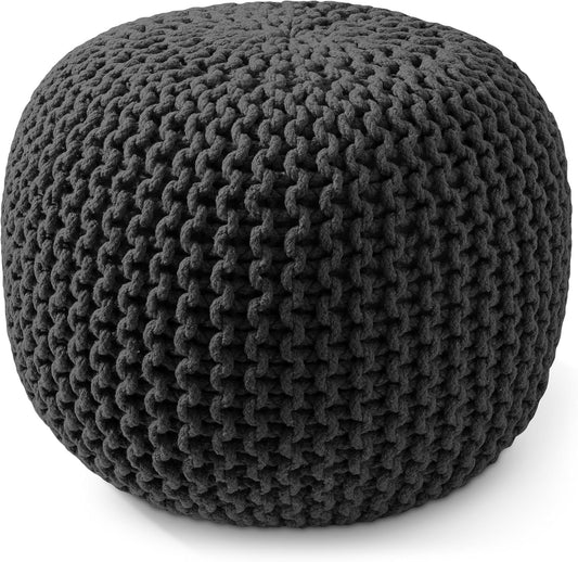 Casafield Round Pouf Ottoman, Black - 20" Diameter x 14.5" High Cotton Knit Foot Stool - Boho Floor Pouffe for Living Room, Bedroom, Home Office