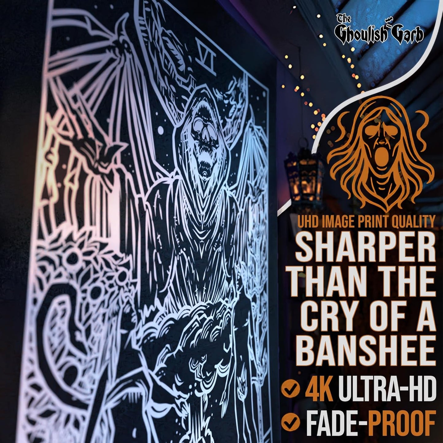 The Lovers Tarot Card Tapestry (Black & White) - Grim Reaper - Gothic Couple Halloween Home Decor Wall Hanging (59" x 51")