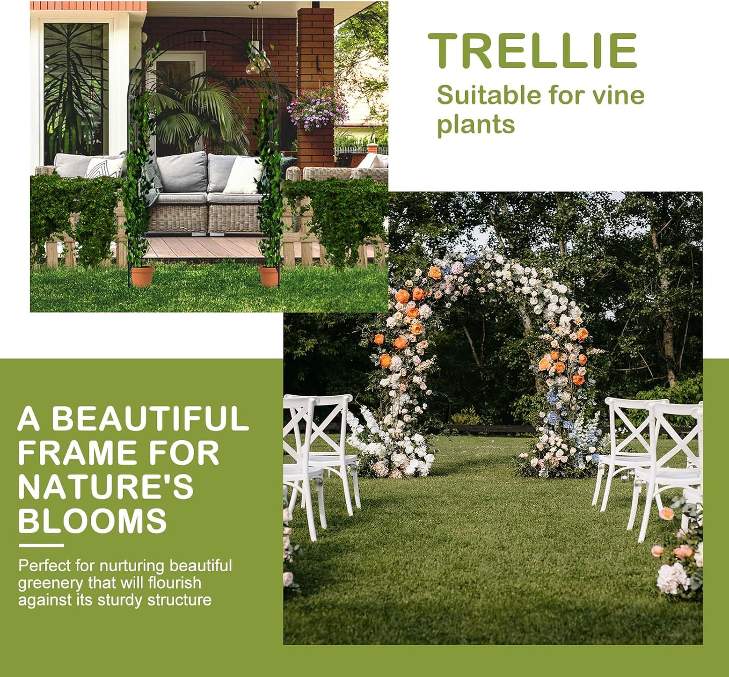 Outvita 7.3FT Garden Arch Arbor, Heavy Duty Metal Arbour Archway, Decorative Frame Stand Trellis with Ground Stakes for Wedding Ceremony Party Plant Climbing Rose Vines Lawn Patio Black