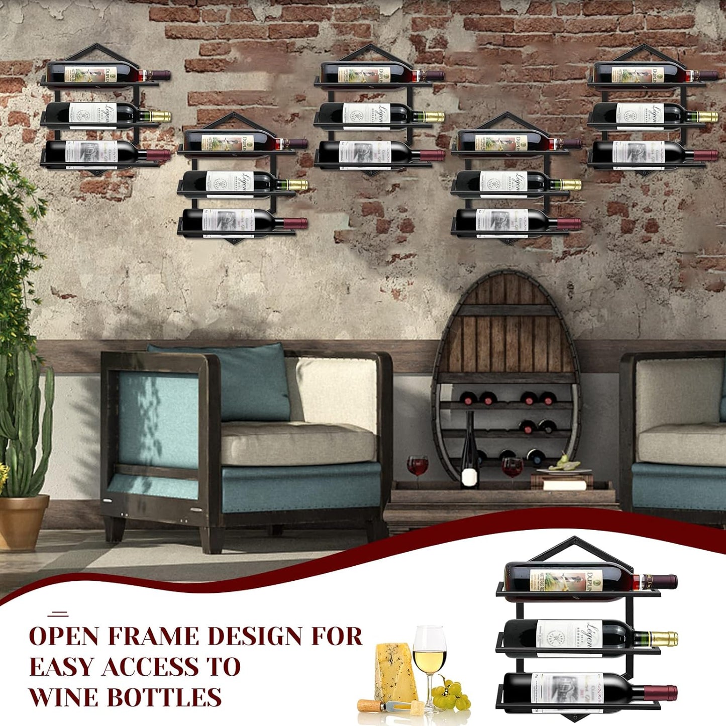 Wall Mounted Wine Stemware Rack, Metal Hanging Wine Glass Display Holde Holds 3 Bottles, Elegant Storage for Kitchen Dining Room Bar Wine Cellar