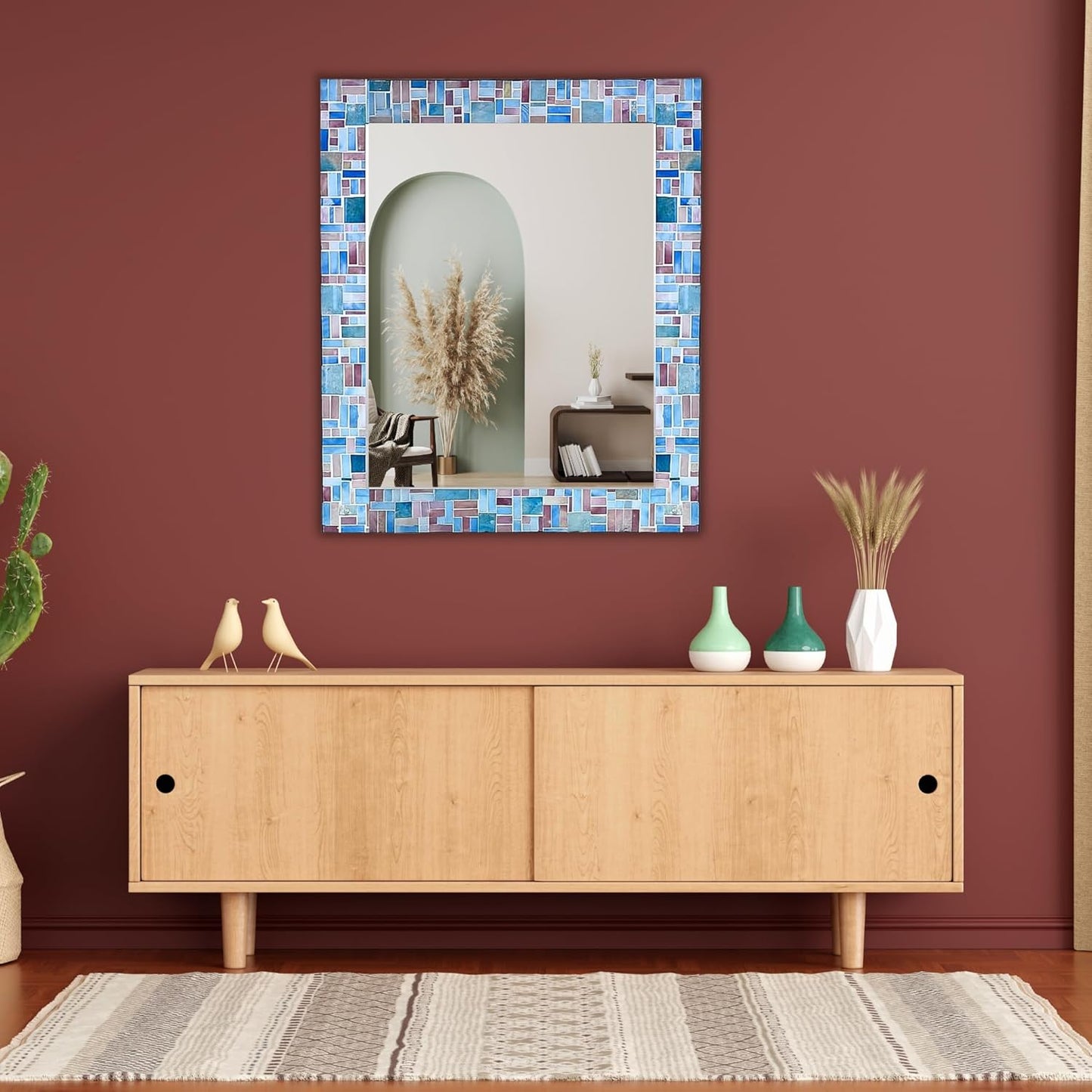 30x24 Rectangular Shape Iron Frame Wall Mirror with Glass Mosaic Tiles- Multi Blue for Vanity, Bathroom, Living Room, Home Decor