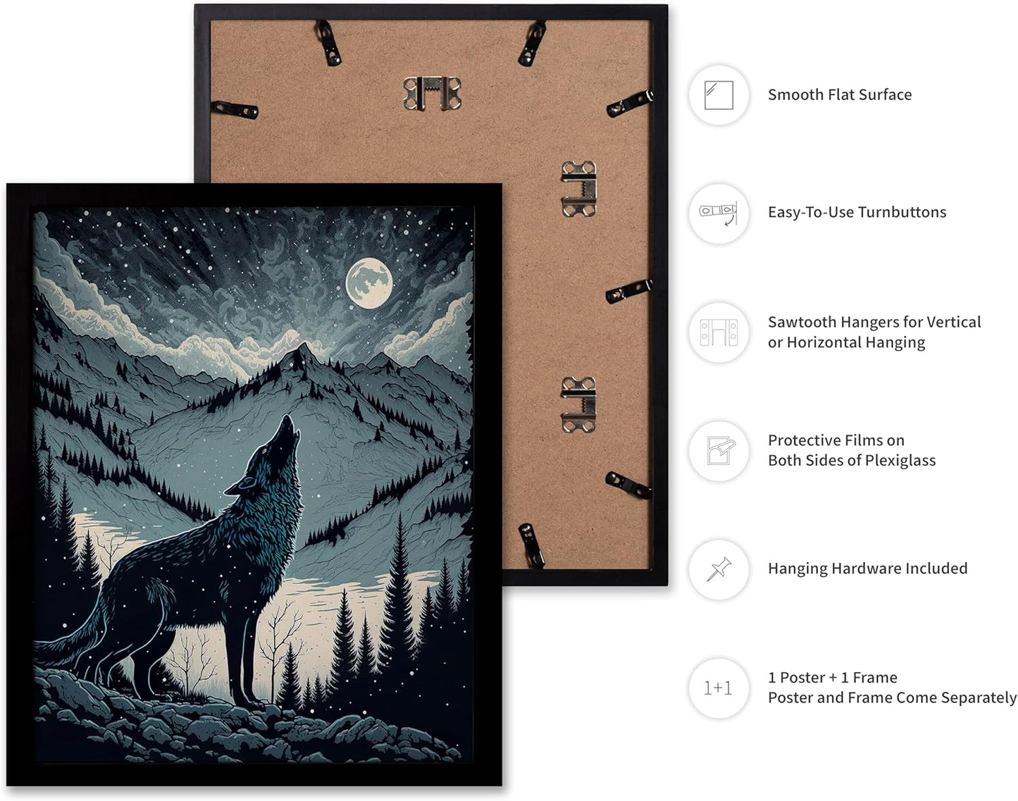 Poster Master Vintage Illustration Poster - Retro Animal Print - Gift for Artist, Friend - Wolf Howling at the Moon, Mountain, Snow, Landscape - Wall Decor for Home, Office, 8x10 Black Framed