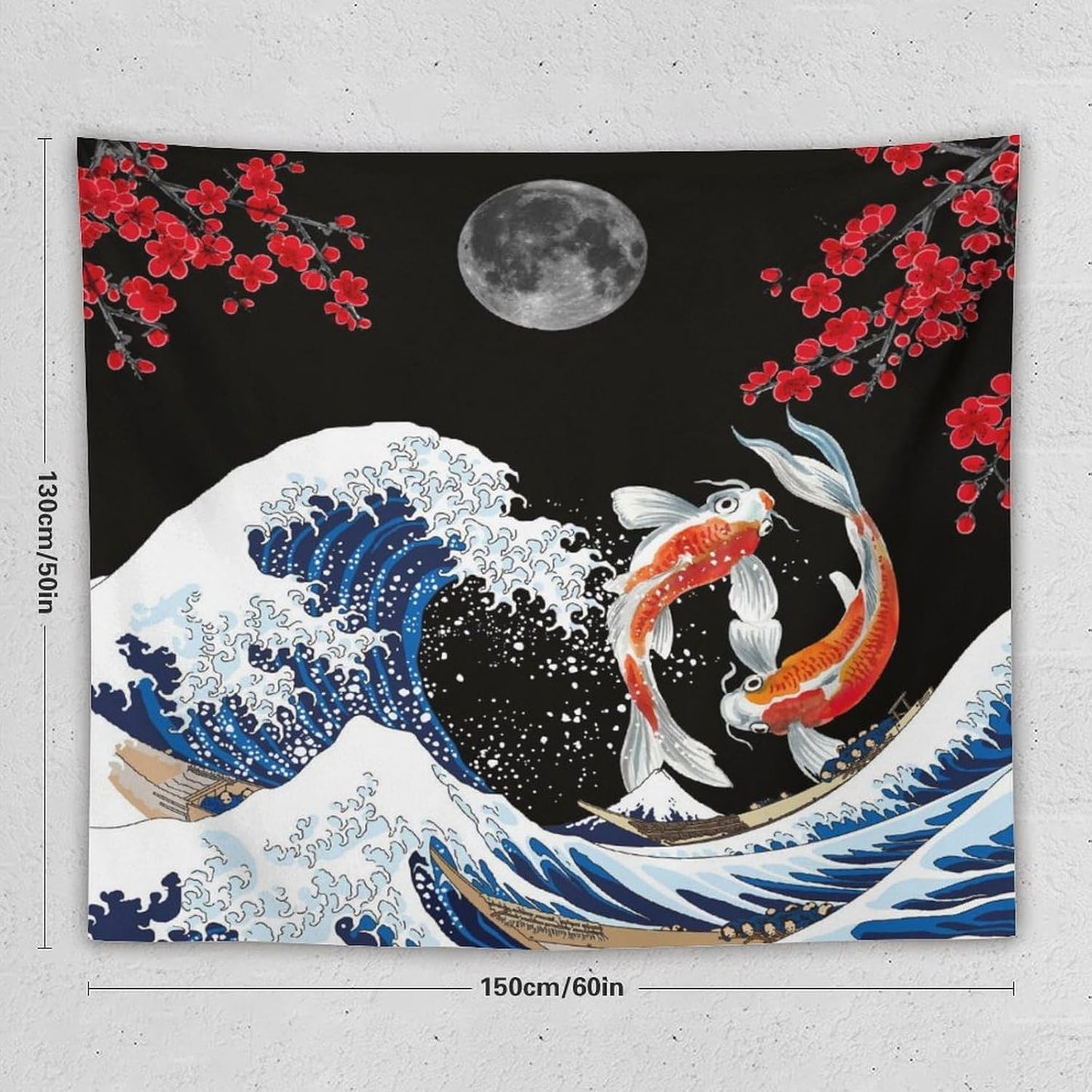 Houselerax Japanese Koi Fish Tapestry, Yin Yang Big Wave Red Cherry Blossom Tapestries Wall Hanging for Bedroom Living Room Office Decor 60"x50"