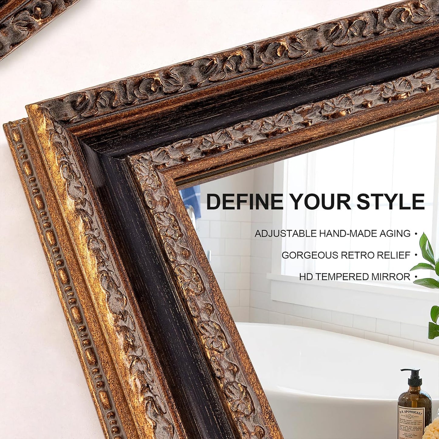 Vintage Accent Mirror 41.5" X 30", Bronze Antique Mirror with Handmade Aging 3D Carvings Wood Frame for Entryway, Living Room, Bathroom and Bedroom