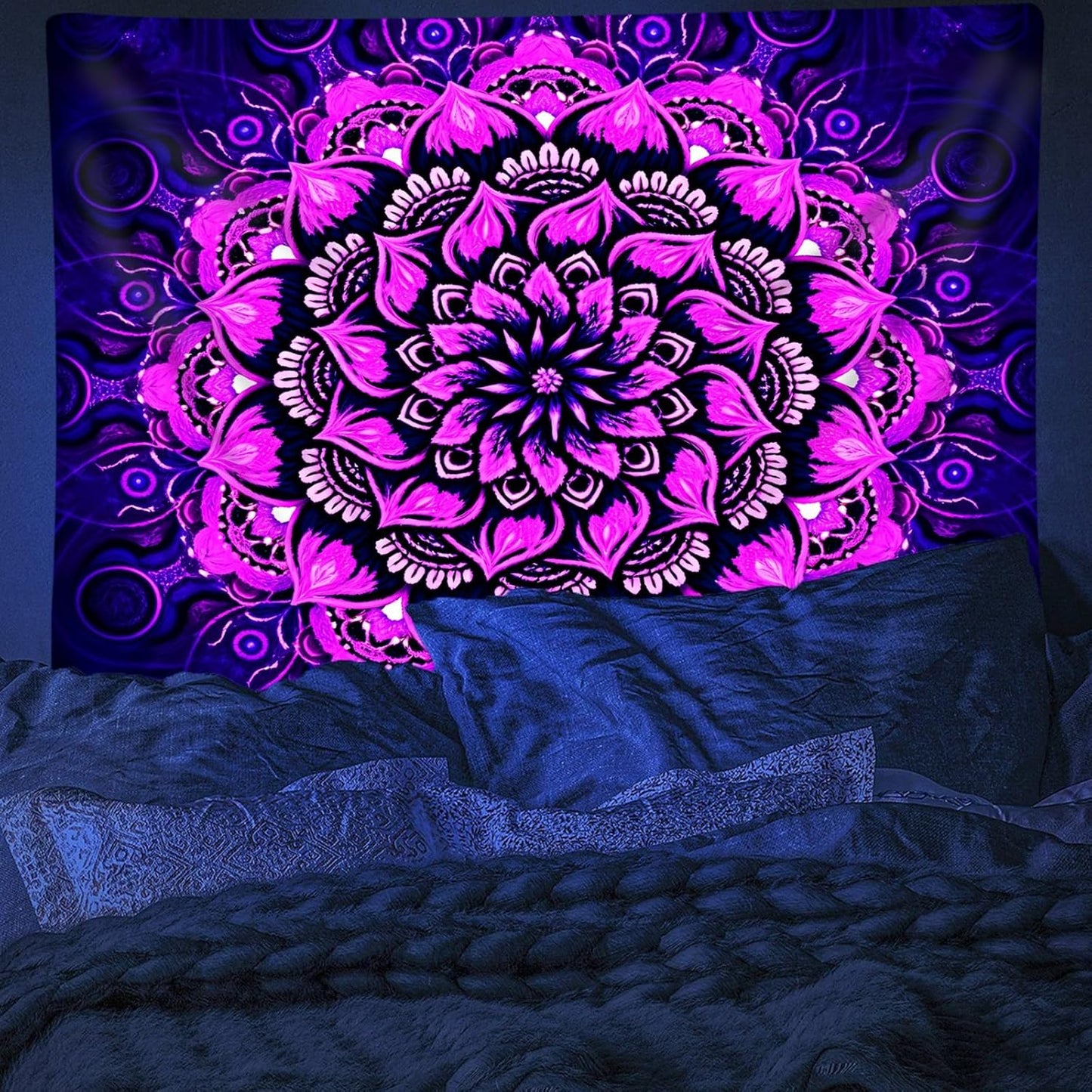 Psyhilar Blacklight Mandala Tapestry Wall Hanging, Psychedelic Flower Black Light Posters for Adults and Teens, UV Reactive Aesthetic Bohemian Art for Bedroom (40 x 30 Inches)
