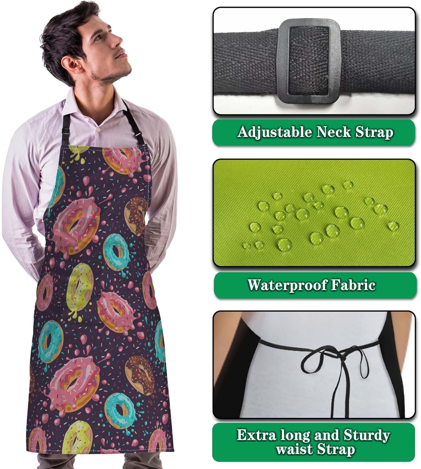 Chef Apron for Men Donuts Women Aprons for Kitchen Cooking Restaurant BBQ Painting Crafting 27” (W) x 31” (H), Waterproof Aprons