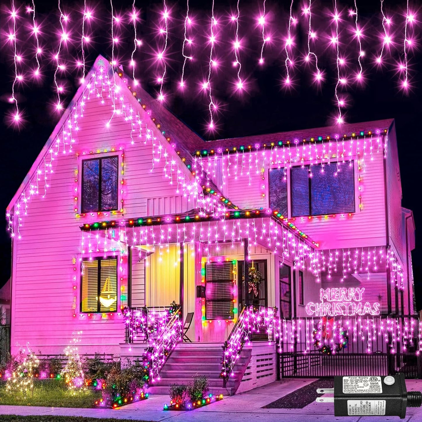 Icicle Christmas Lights Outdoor 33ft 400 LED Pink Christmas Lights for Outside 8 Modes with 75 Drops, Waterproof Icicle Light Plug in for Indoor Party House Christmas Decorations