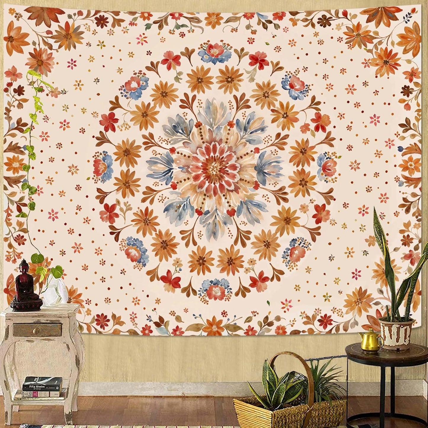 Fowocu Boho Floral Mandala Tapestry Wall Hanging Watercolor Bohemian Flower Medallion Tapestry Aesthetic Beige Orange Hippie Indian Large Tapestries for Bedroom Living Room Dorm Decor 80 x 60 Inch