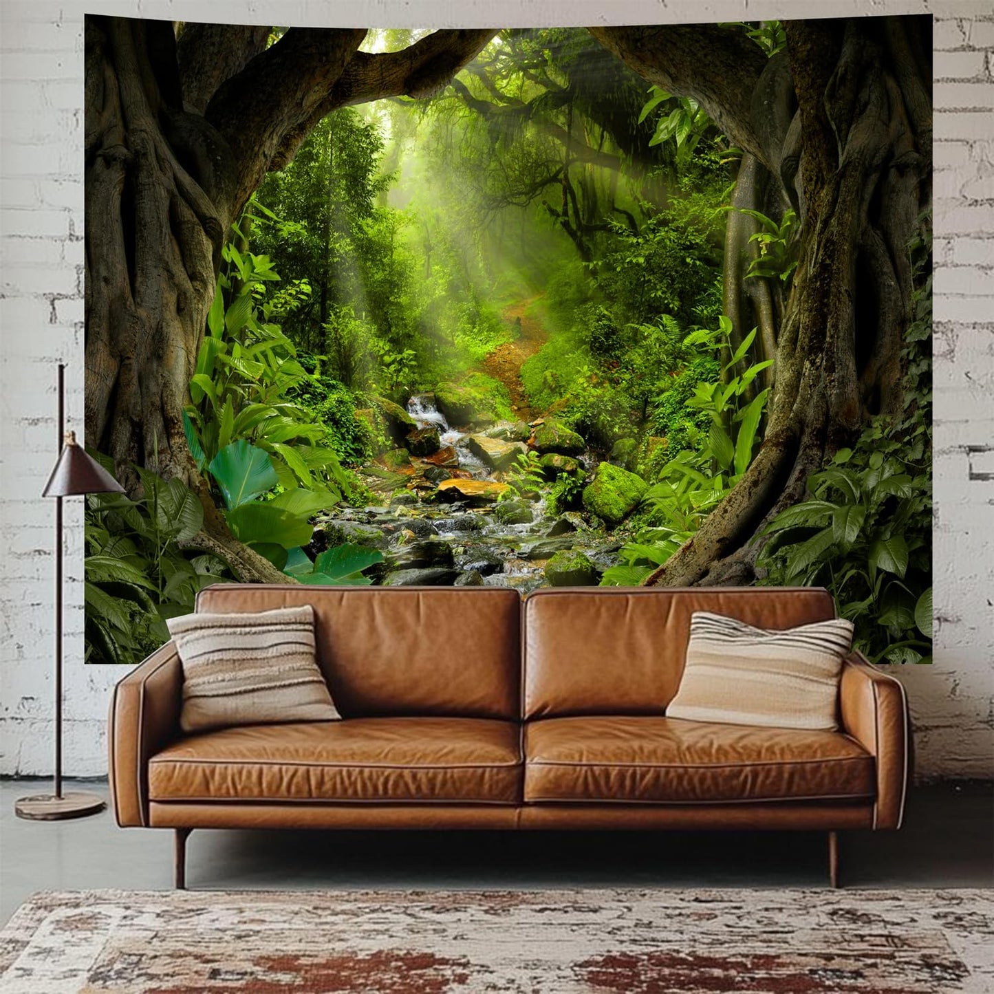 Misty Forest Tree Cave Tapestry Nature Green Tapestry Enchanted Rainforest Tropical Jungle Sunshine Flowing Stream Landscape Wall Tapestries for Living Room Bedroom Dorm Office (50" × 60")