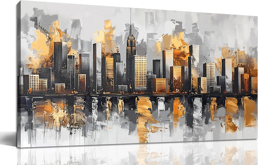 Ouzzlie Gold Artwork Vintage Wall Art City Poster Pictures for Wall Black Art for Home Kitchen 20"x 40"