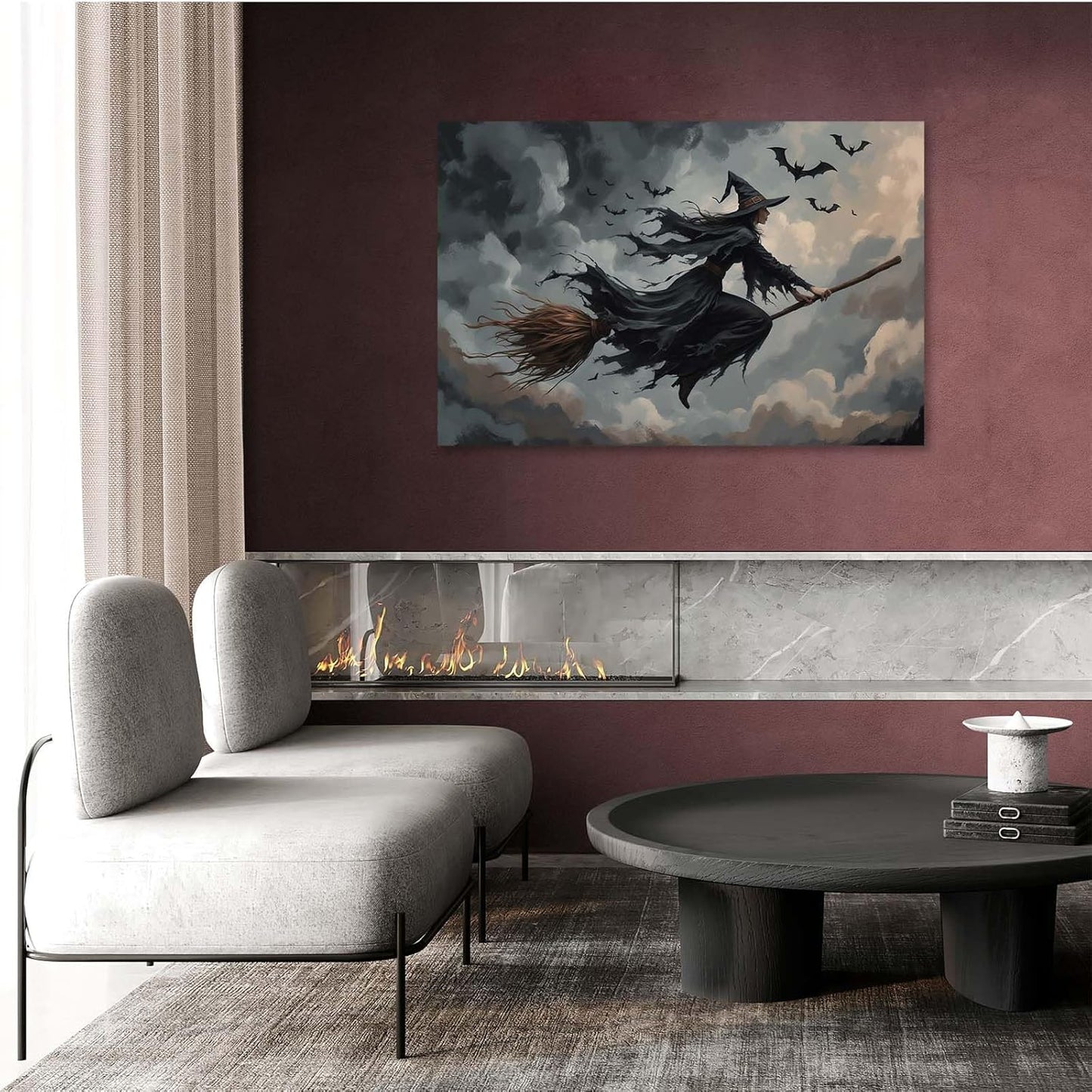 Witch and bat flying Halloween poster suitable for home party wall decoration retro Halloween preppy style wall art canvas print suitable for room decoration28x40in Wood Framed