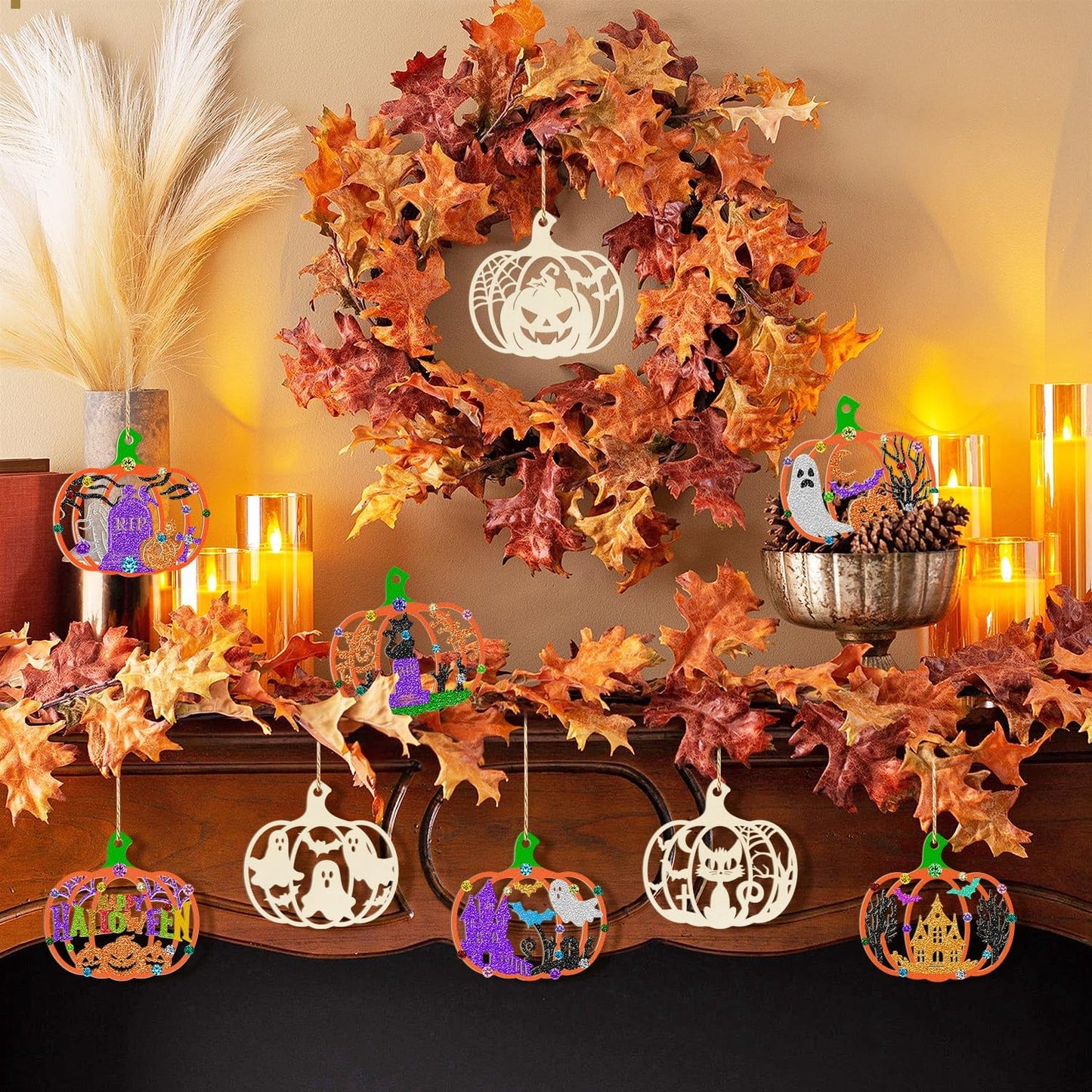 36PCS Wooden Pumpkins Ornaments to Paint Halloween Thanksgiving Decoration Cutouts Unfinished 3.5 inches, DIY Blank Unfinished Pumpkin Ornament for Home Harvest Crafts Hanging Autumn Decor（6Style）