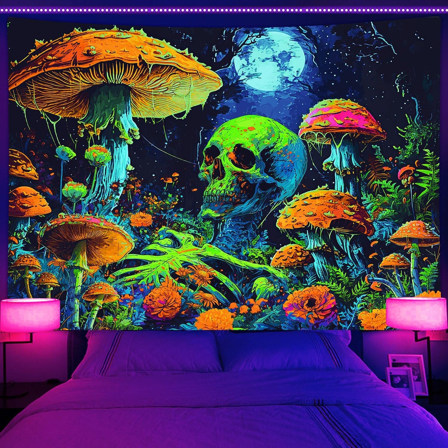 Xiaoput Blacklight Skull Wall Art, Black Light Skeleton Tapestry for Bedroom, UV Reactive Neon Gothic Tapestry for Men, Glow in Dark Trippy Forest Wall Hanging for Home Decor 60x40IN