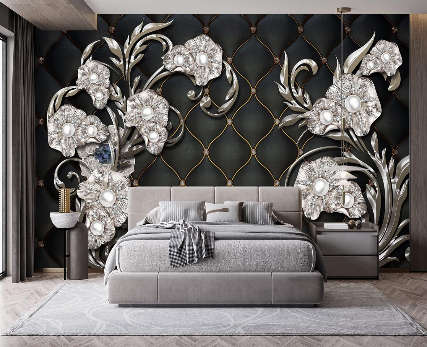 Black Hard Wrapped Pearl Embossed Flowers Wall Mural Wallpaper for Bedroom 137" x 100"