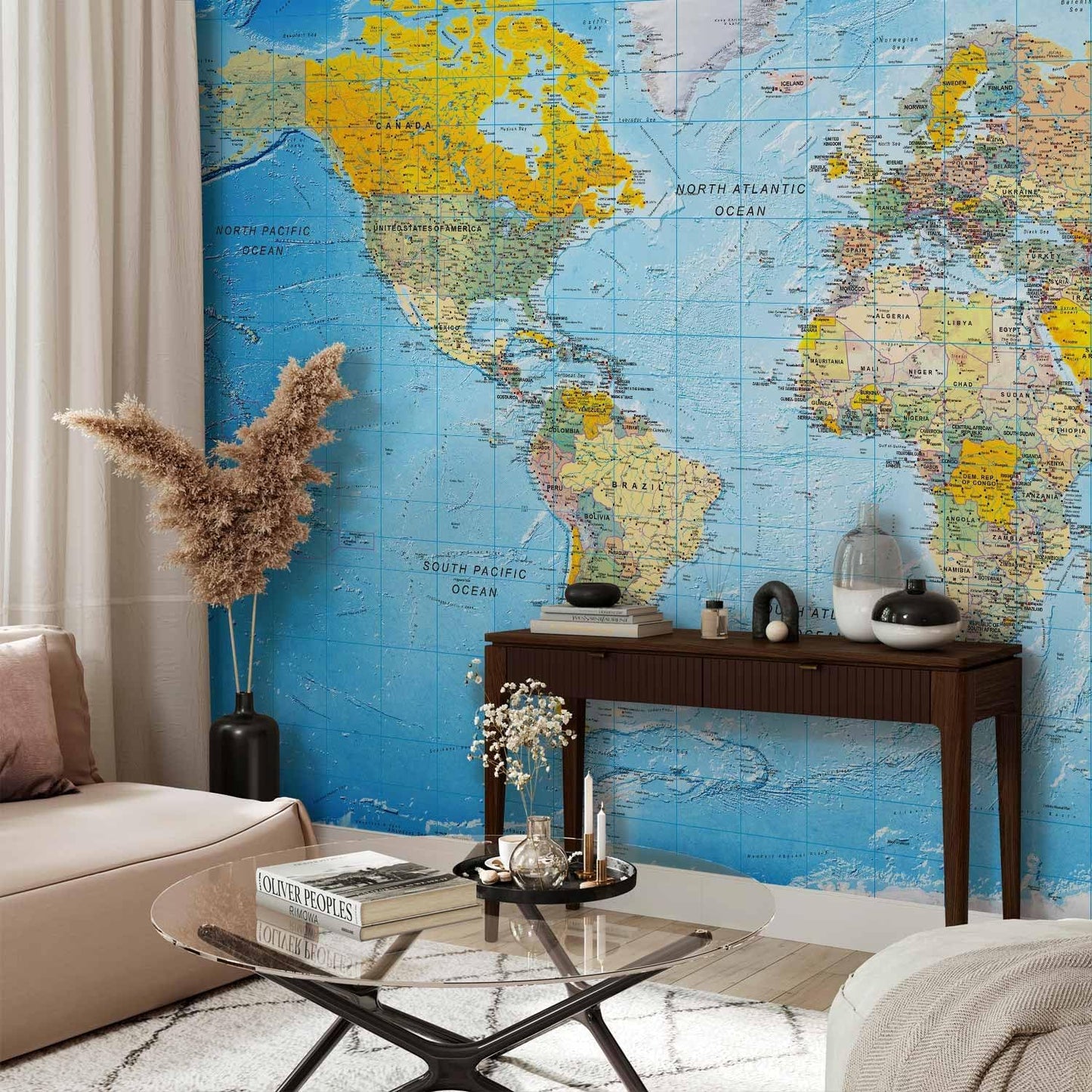 artgeist Premium Wall Mural World Map 118x83 in - XXL Non-Woven Wallpaper Fleece Wall Decor Photo Print Picture Image Design Home Map of The World k-A-0109-a-a