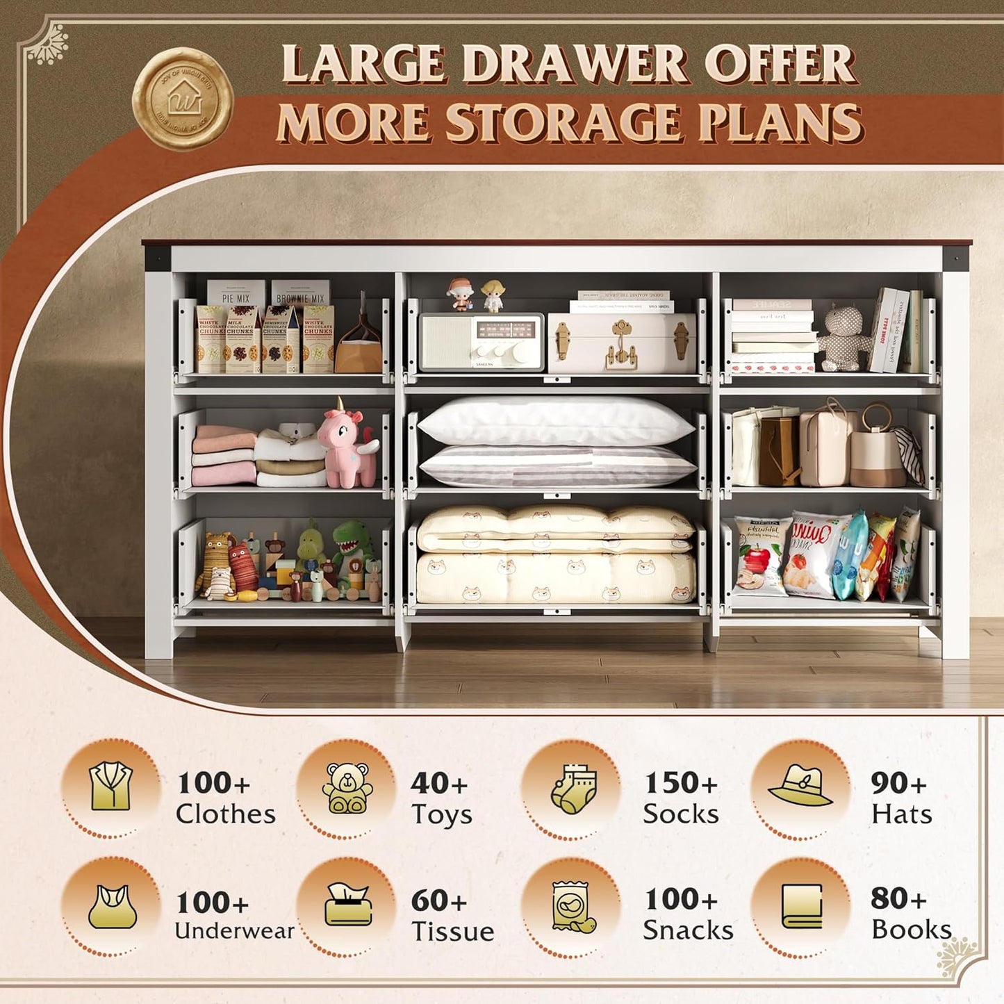 WLIVE Farmhouse Dresser for Bedroom, 63" Wide 9 Drawer Dresser Storage Organizer, Wood Chest of Drawers for Bedroom, TV Stand for 70 inch TV, for Living Room, Hallway, Ball Bearing Slide (White)