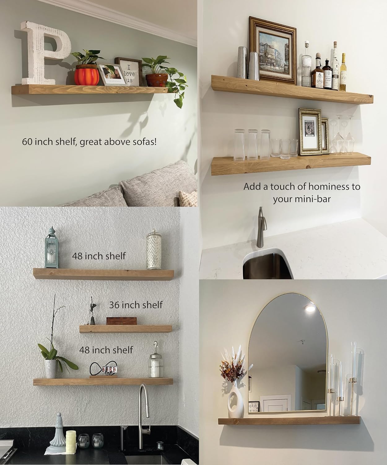 Joel's Antiques 42 Inch Wooden Floating Shelves for Wall - 42x12x2 in - Made of Natural Wood - Long Heavy Duty Rustic Wall Shelves for Bedroom - Perfect for Living Room, Kitchen - Natural