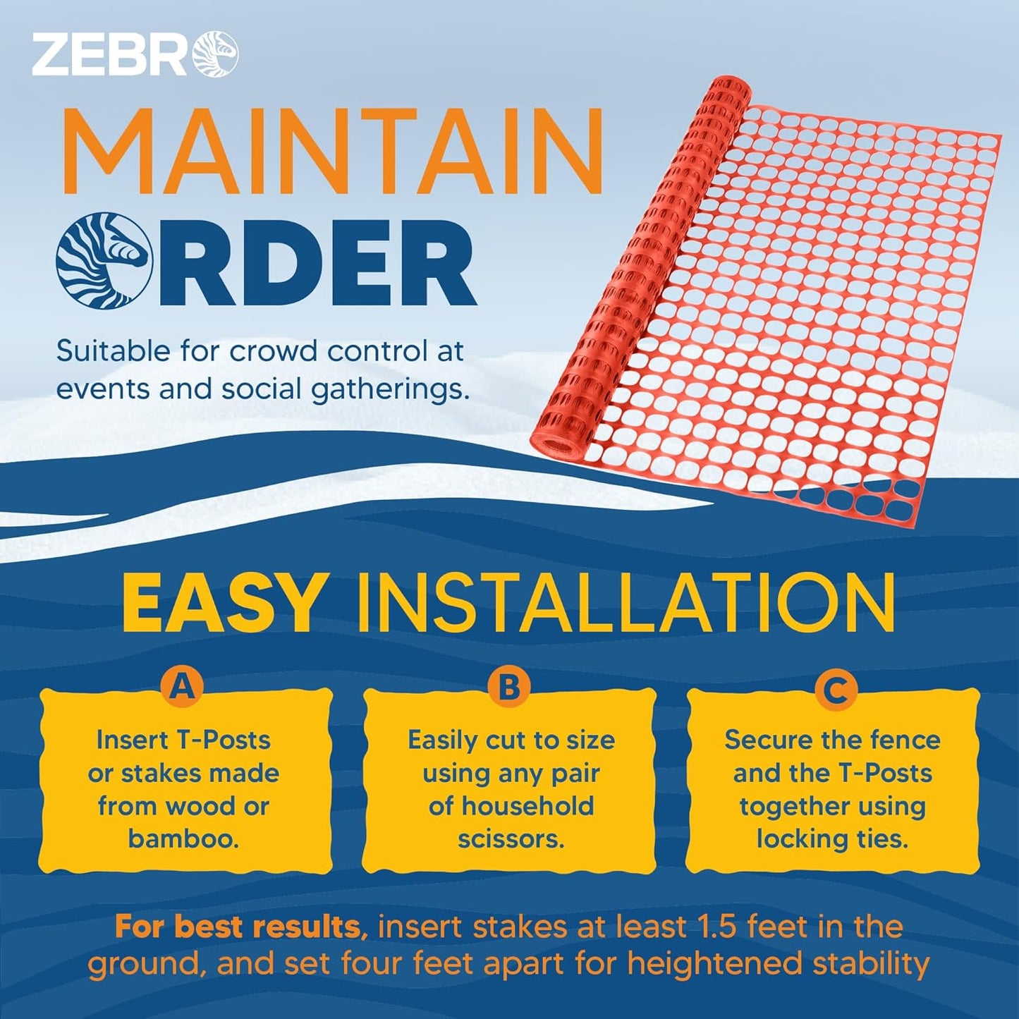 ZEBRO 4' x 50' Orange Plastic Garden Fence Roll – Standard Duty Safety Netting for Snow, Poultry, Deer, Dogs – Reusable Outdoor Barrier for Yard, Landscaping, Animal Protection