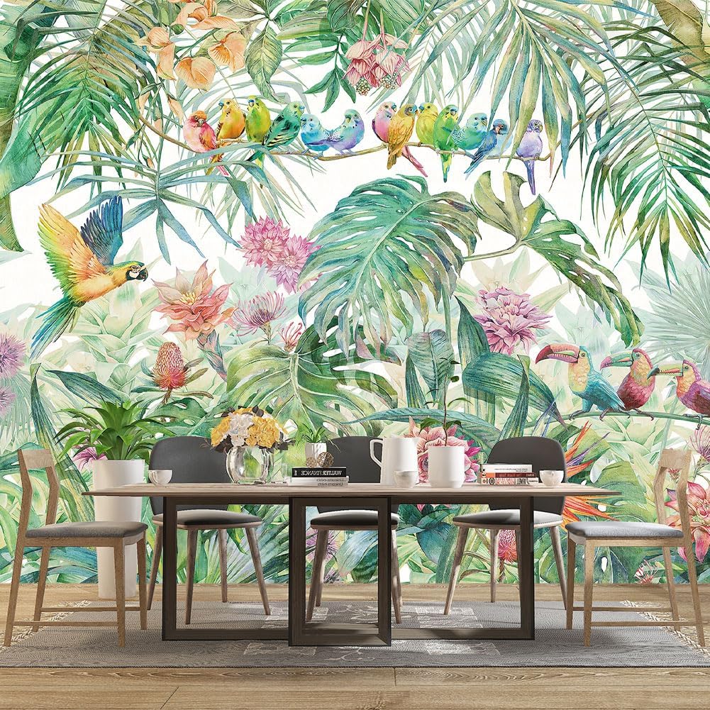Tropical Green Botanical Flower Birds Leaf Wallpaper Bedroom Plant Floral Mural Room Decor Living Room tv Background Large Wall Mural - 160"x108" (Not Peel and Stick)