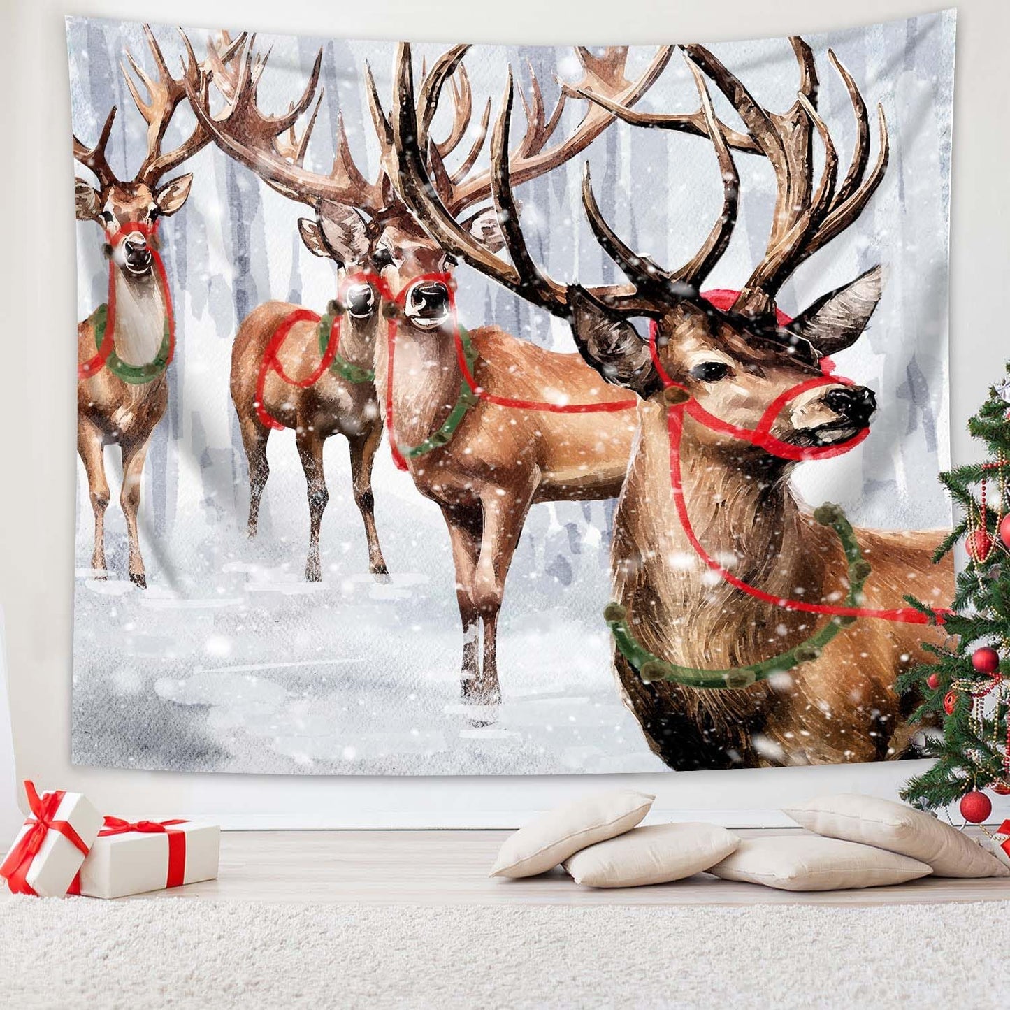 QGHOT Winter Tapestry Wall Hanging Winter Forest Backdrop Christmas Snowy Deer Wall Decor Snow Elk Tapestries for Bedroom Living Room Dorm Party Decoration